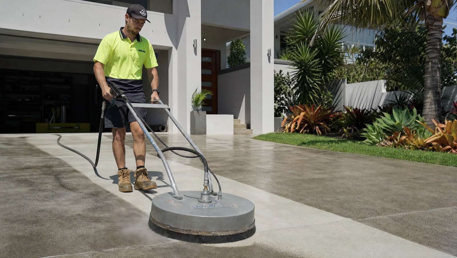 Pressure cleaning a concrete driveway
